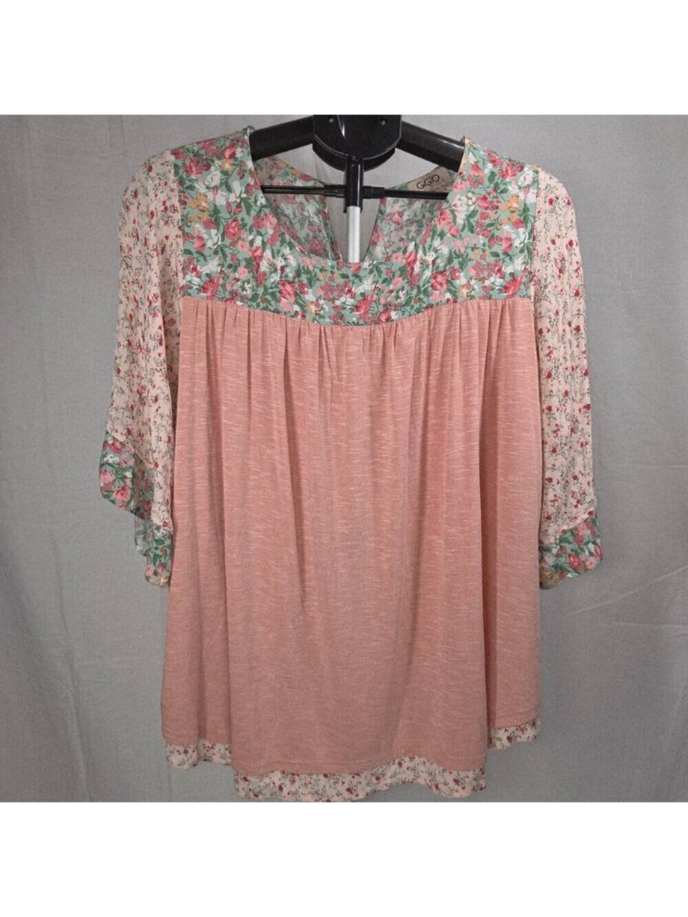 1XL Boho Floral Top Pink Mixed Print Short Sleeve